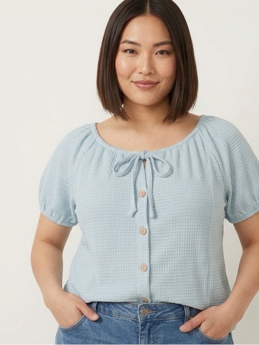 NWT Heyson Short Sleeve Powder Blue Top Blouse Small